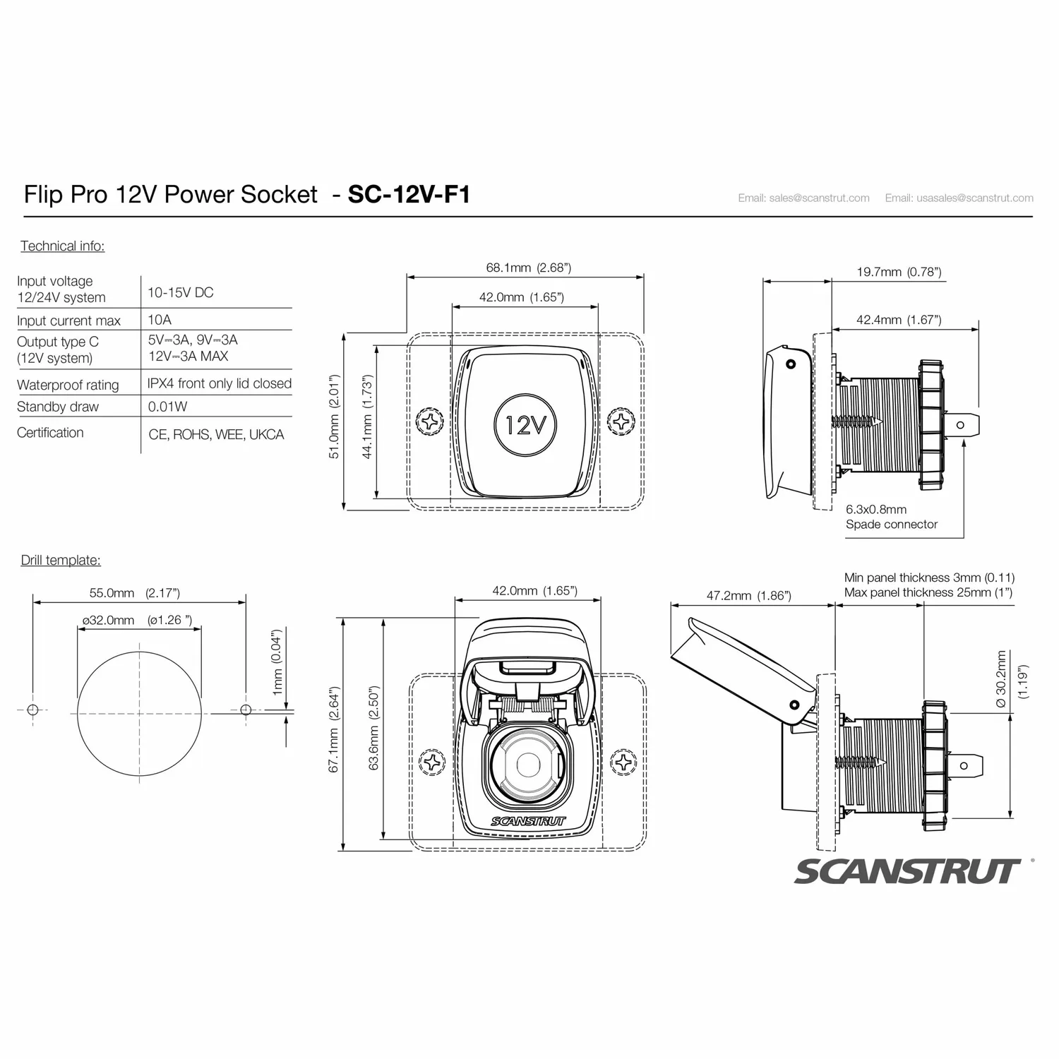 Scanstrut Flip Pro 12V-uttag cig vattentät IPX4