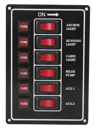 Marin & Fritid elpanel 12V lodrät 6 brytare säkring