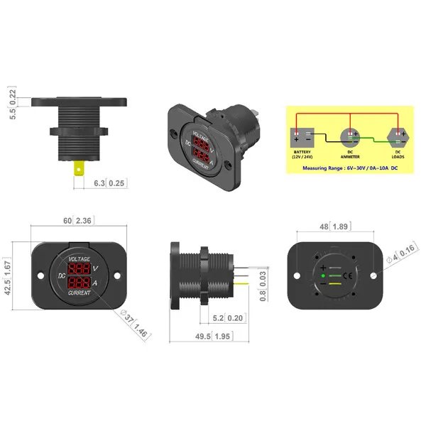 1852 panel inbyggnad volt/amperemeter 6-30V