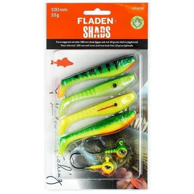 Fladen Shad jiggsortering 100 mm 4 jiggar + 2 huvuden